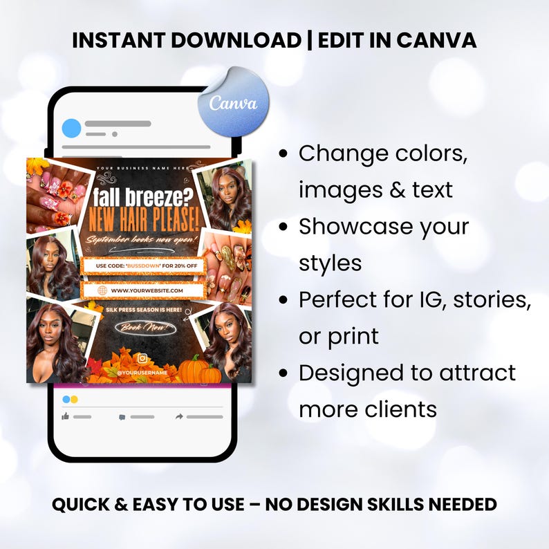 May include: A digital marketing template displayed on a smartphone screen. The template promotes a hair salon's services with the text "fall breeze? NEW HAIR PLEASE!" and includes images of hairstyles. The design is for Instagram, stories, or print.