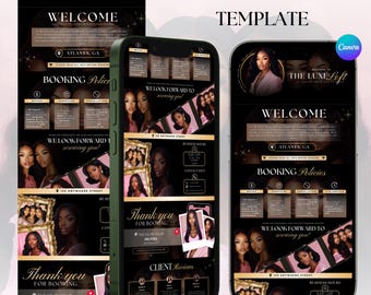 May include: A black and gold website template for a hair salon called "The Luxe Loft". The template features a welcome message, booking policies, business hours, contact information, and client reviews. The website is designed to be mobile-friendly and easy to navigate.