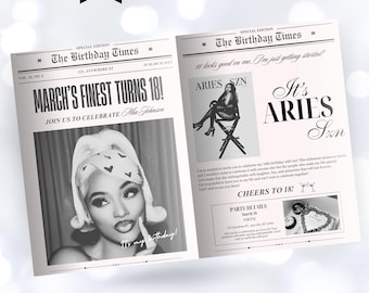 May include: Black and white newspaper style birthday invitation template with a photo of a woman in a black and white photo. The text reads "March's Finest Turns 18!" and "Join us to celebrate Mia Johnson".
