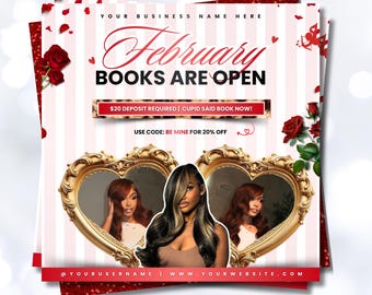 Valentine Booking Flyer Template | February Books Open | February Booking Flyer | Hair Makeup Lashes Braids (Canva Template)