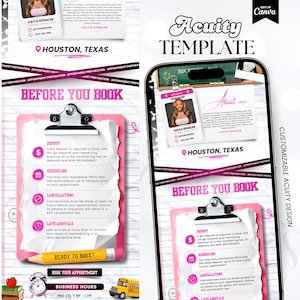 Könnte beinhalten: Eine digitale Acuity-Vorlage mit einem rosa Klemmbrett für Terminrichtlinien, einem gelben Bleistift, einem Schulbus und einer Profilkarte für einen Friseur. Das Layout enthält Text zu Anzahlungen, Terminplanung, Stornierungen und Geschäftszeiten.