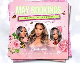 May Booking Flyer, Hair, Nails, Lashes, MUA (Edit in Canva)
