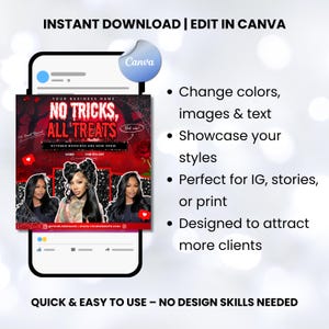 May include: A digital marketing template displayed on a smartphone screen. The design features a Halloween theme with the text "NO TRICKS, ALL TREATS." The template includes options to change colors, images, and text, and is designed for Instagram, stories, and print.