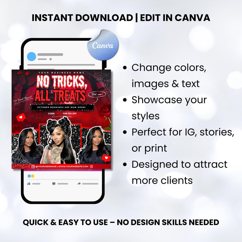 May include: A digital marketing template displayed on a smartphone screen. The design features a Halloween theme with the text "NO TRICKS, ALL TREATS." The template includes options to change colors, images, and text, and is designed for Instagram, stories, and print.