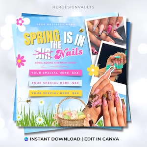 May include: A colorful graphic design for a nail salon advertising spring specials. The text reads "Spring is in the air Nails" with a bee illustration. The design features photos of manicured nails with various designs and colors. The text also includes "April books are now open!" and "Your special here $XX".