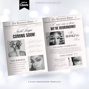 Plantilla de periódico comercial de Canva, periódico personalizado para sesiones de fotos, anuncio de periódico grande editable por uno mismo para peluqueros, manicuras y pestañas