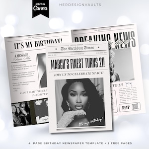 Canva Birthday Party Invite Newspaper Template, Editable Newspaper Birthday, Large Newspaper Template, Birthday Newspaper For Photoshoot