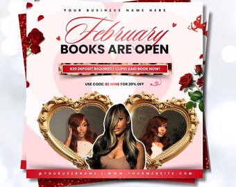 Valentine Booking Flyer Template | February Books Open | February Booking Flyer | Hair Makeup Lashes Braids (Canva Template)