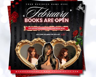 Valentine Booking Flyer Template | February Books Open | February Booking Flyer | Hair Makeup Lashes Braids (Canva Template)