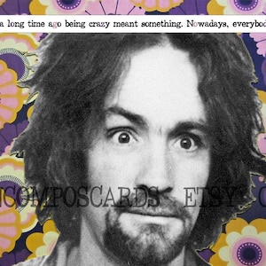 May include: A black and white photo of a man with long hair and a beard. He is looking directly at the camera with a serious expression. The background is a colorful floral pattern. The text "You know, a long time ago being crazy meant something. Nowadays, everybody's crazy." is at the top of the image. The text "NONCOMPOSCARDS ETSY COM" is at the bottom of the image.
