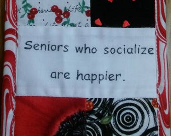 Seniors Who Socialize Are Happier, Senior Citizen Happiness, Retirement Wellness, Choices, Cubicle Fiber Art Wall Hanging, Red, Black, 4X6"