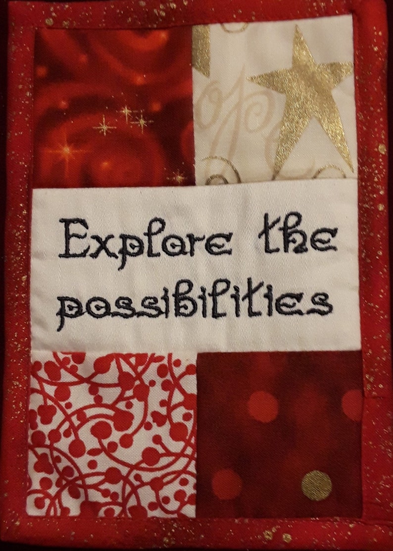 Explore The Possibilities, Curiosity, Resourcefulness, Coaching, Creativity, Cubicle Fiber Art Wall Hanging 4.5X6.5, Retirement, Red, Gold image 1