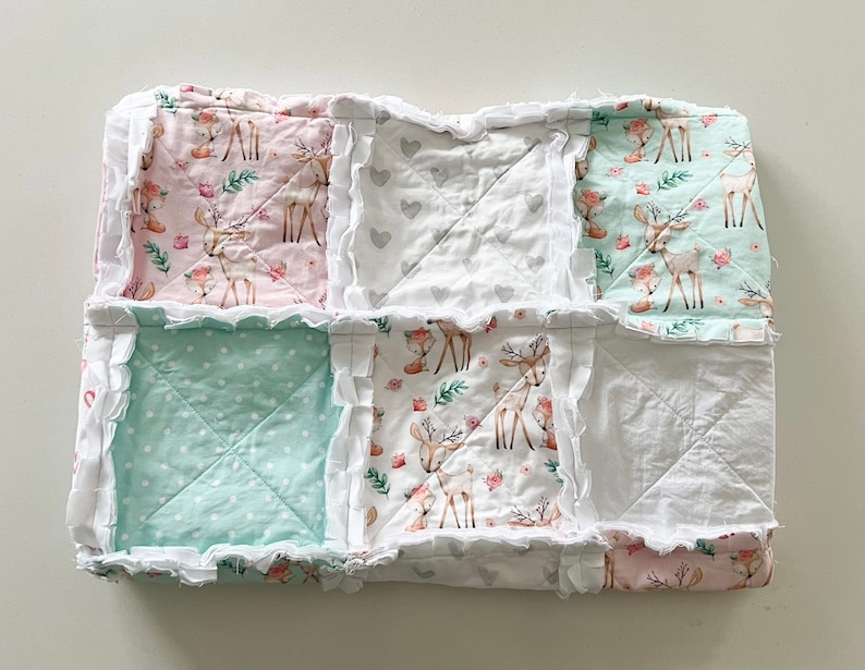 Baby crib rag quilt, handmade baby bedding, baby crib quilts, baby blanket, modern baby quilts, nursery decor, neutral pastel baby quilt, image 9