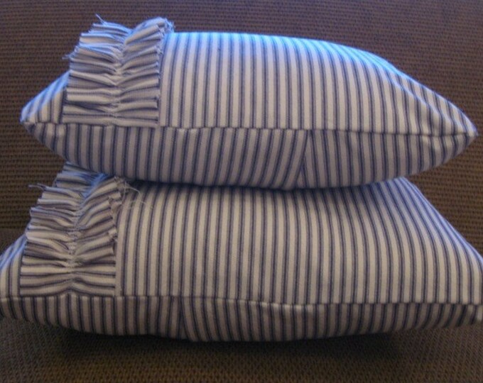Blue and white ticking pillow cover with ruffle Etsy