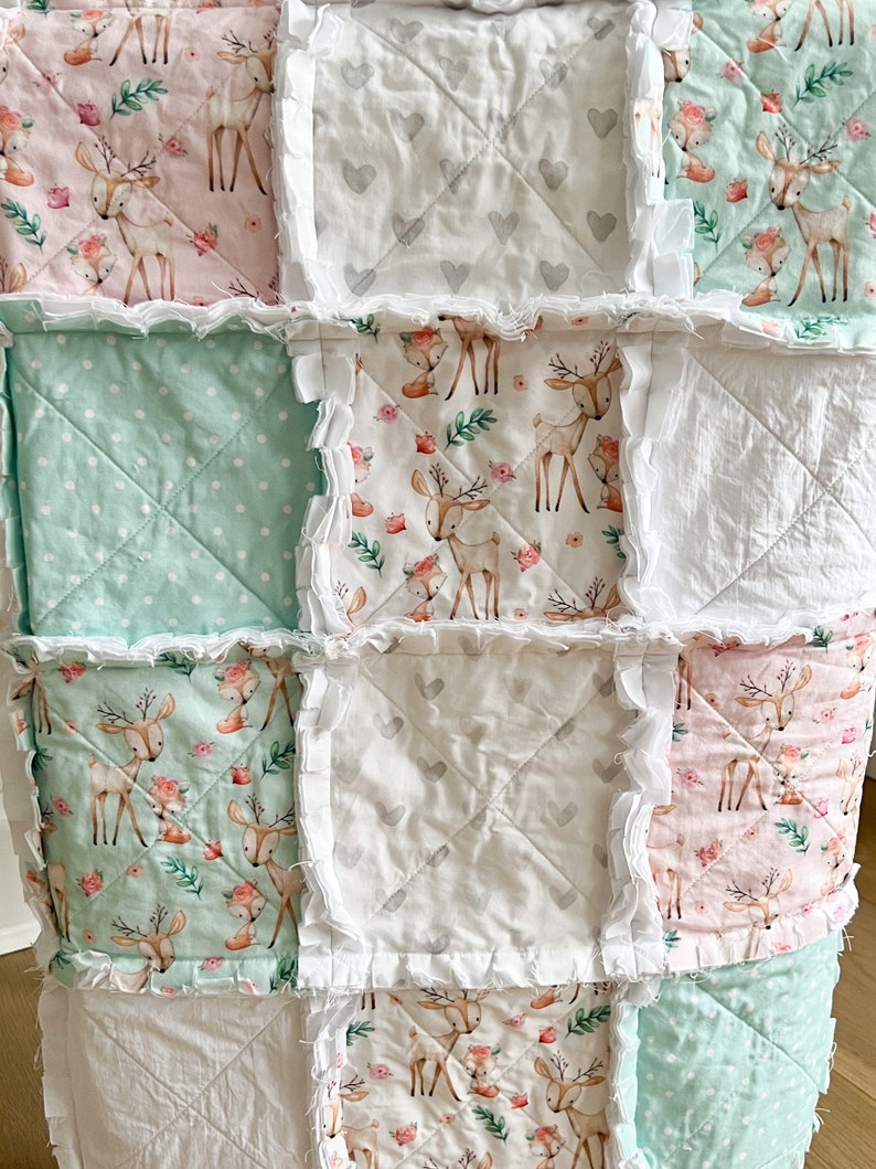 Baby crib rag quilt, handmade baby bedding, baby crib quilts, baby blanket, modern baby quilts, nursery decor, neutral pastel baby quilt, image 1