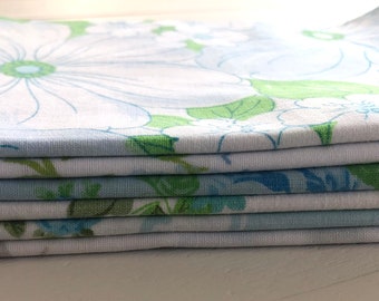 6 vintage sheet fat quarter bundle, fabric yardage, blue, white, green florals, pre-cut, cotton linen floral,quilting, sewing,journalling