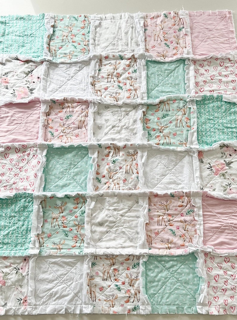 Baby crib rag quilt, handmade baby bedding, baby crib quilts, baby blanket, modern baby quilts, nursery decor, neutral pastel baby quilt, image 7