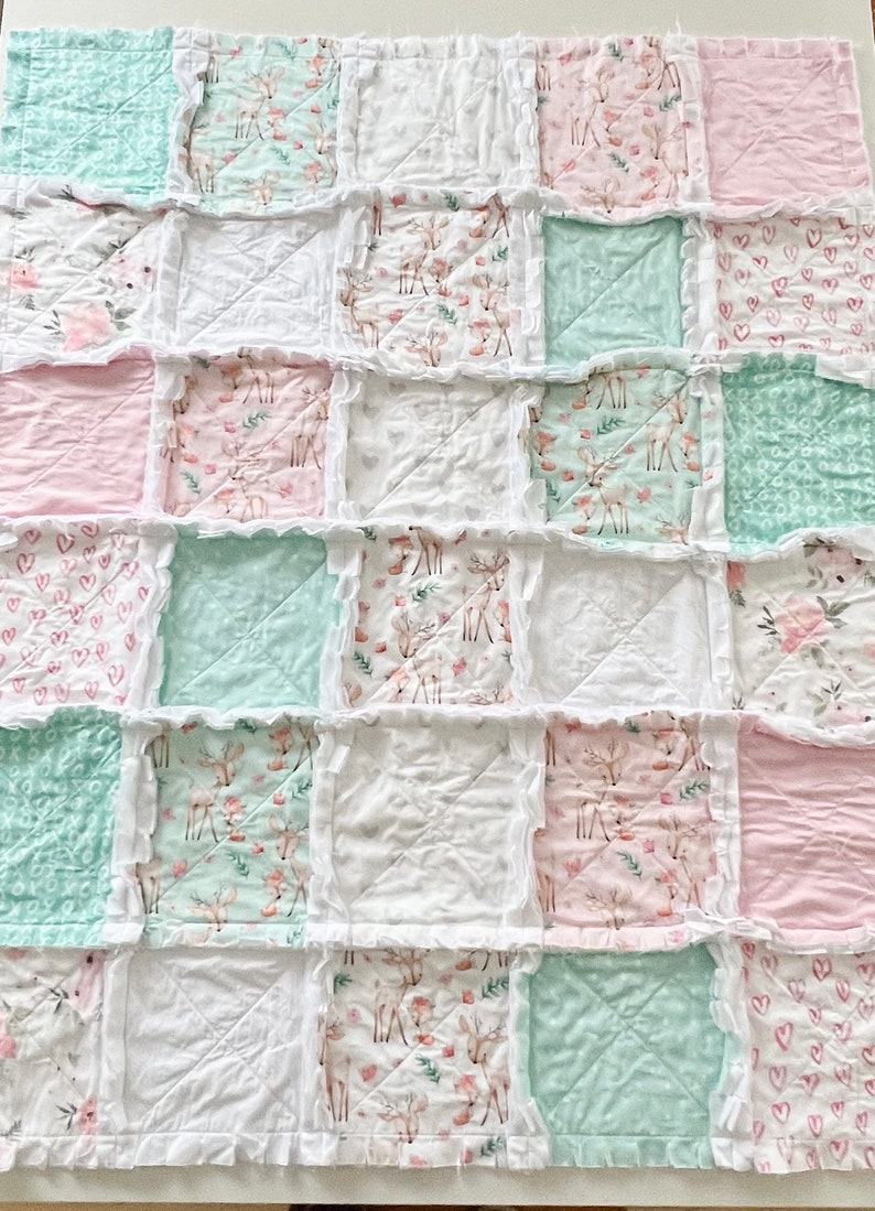 Baby crib rag quilt, handmade baby bedding, baby crib quilts, baby blanket, modern baby quilts, nursery decor, neutral pastel baby quilt, image 4