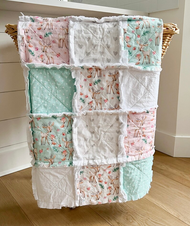 Baby crib rag quilt, handmade baby bedding, baby crib quilts, baby blanket, modern baby quilts, nursery decor, neutral pastel baby quilt, image 5