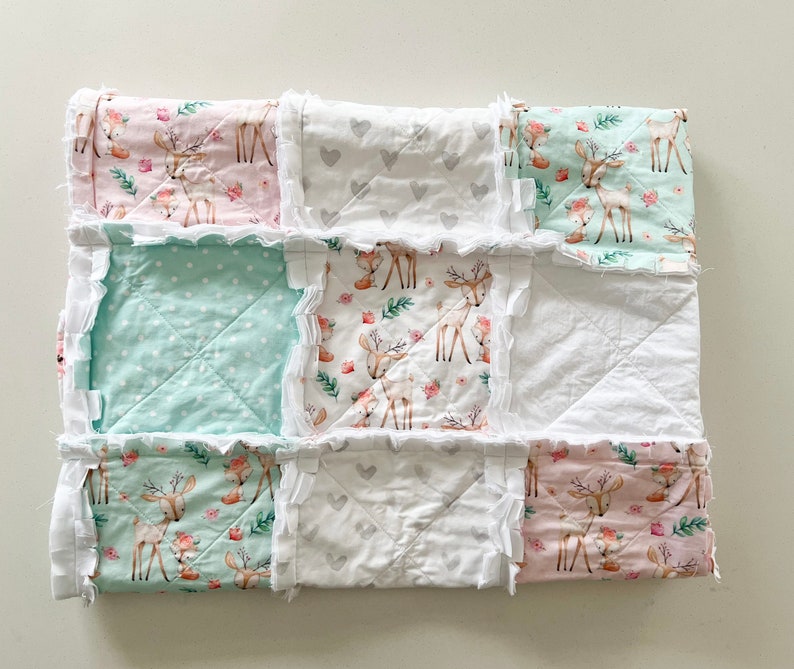 Baby crib rag quilt, handmade baby bedding, baby crib quilts, baby blanket, modern baby quilts, nursery decor, neutral pastel baby quilt, image 2