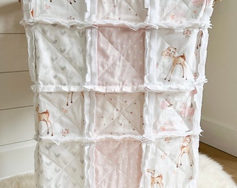 Baby girl rag quilt, handmade baby crib quilt, neutral pastel nursery bedding, soft and cozy baby quilt, woodland deer