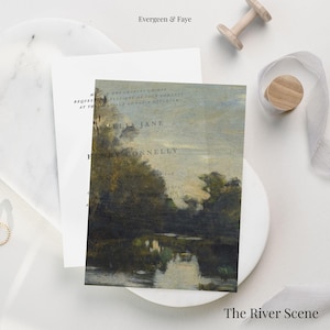May include: A wedding invitation featuring a landscape painting of a river scene. The invitation is set against a white backdrop, with the text "The River Scene" at the bottom. The names "Stella Jane" and "Henry Connelly" are also visible.