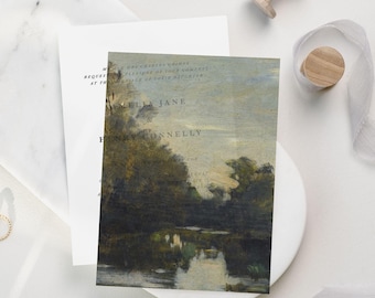 May include: A wedding invitation with a landscape painting of a river scene. The invitation is on a white background with the text "The River Scene" at the bottom. The invitation also includes the names "Stella Jane" and "Henry Connelly".