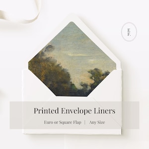 May include: A white envelope with a landscape painting visible inside. The text "Printed Envelope Liners" is displayed below the envelope, with "Euro or Square Flap | Any Size" underneath.