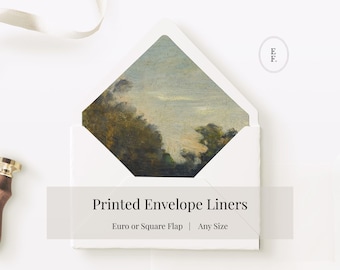 May include: A white envelope with a landscape painting printed on the inside. The text "Printed Envelope Liners" is displayed on a white banner. The envelope has a Euro or Square Flap and is available in any size.