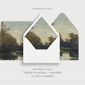 Puede incluir: Tres forros de sobre blancos con un diseño de pintura de paisaje. Los forros se muestran abiertos y cerrados, mostrando la obra de arte. El texto en la parte superior dice "Evergreen & Faye". El texto inferior dice "Envelope Liner Digital Download - Printable 10 sizes included".