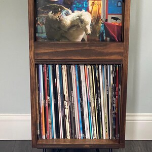 May include: A wooden record storage unit with a dark stain finish. The top section holds a Fall Out Boy album, while the lower section is filled with vinyl records. The unit has black hairpin legs.