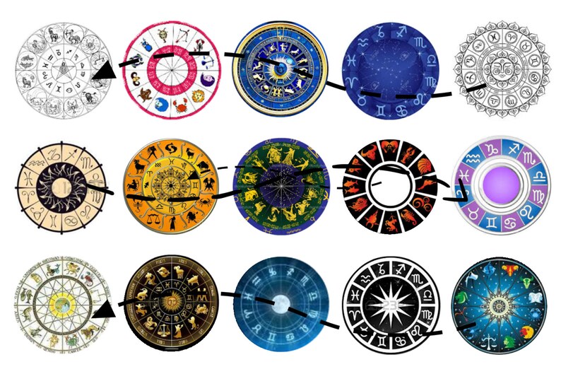 K&ouml;nnte beinhalten: Zw&ouml;lf verschiedene Designs von Zodiakr&auml;dern. Jedes Rad verf&uuml;gt &uuml;ber ein anderes Farbschema und Design, darunter Schwarzwei&szlig;, Blau und Gold sowie Rot und Wei&szlig;.