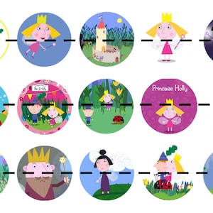 May include: A collection of circular illustrations featuring characters from the animated series, including a princess with a crown and fairy wings, an elf, and a castle. The illustrations are set against various backgrounds.