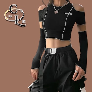 Women&#39;s Shoulder Crop Top | Long Sleeve Streetwear Shirt | Contrast Slim Fit Top | Y2K Fashion Clothing | Gift for Her