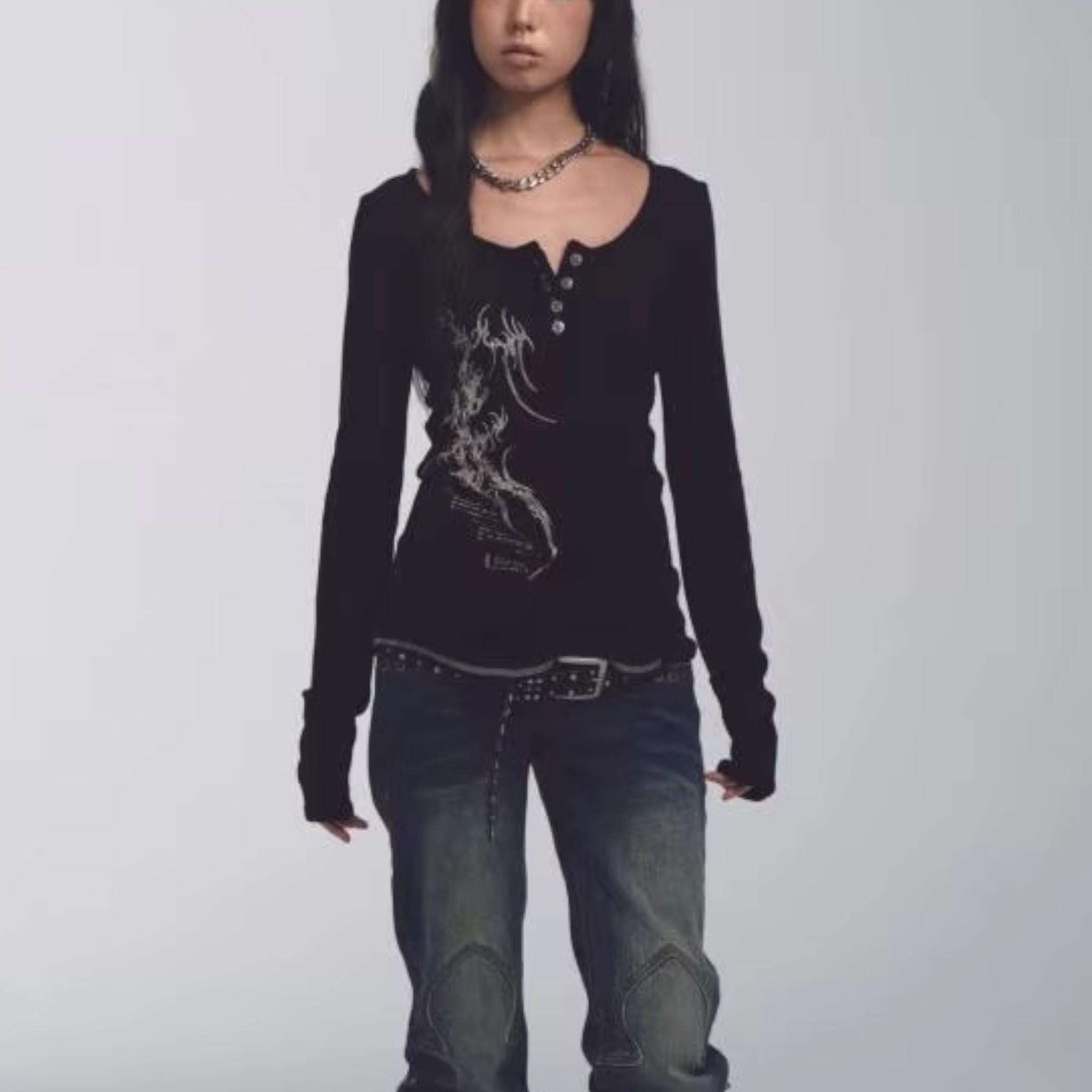 Gothic Long Sleeve | Y2k Graphic Shirt | Black Button up