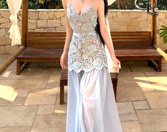 Abito in pizzo floreale / Abito lungo con spalline sottili / Abbigliamento da festa / Stile chic da fata