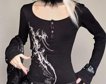 Gothic Long Sleeve | Y2k Graphic Shirt | Black Button up