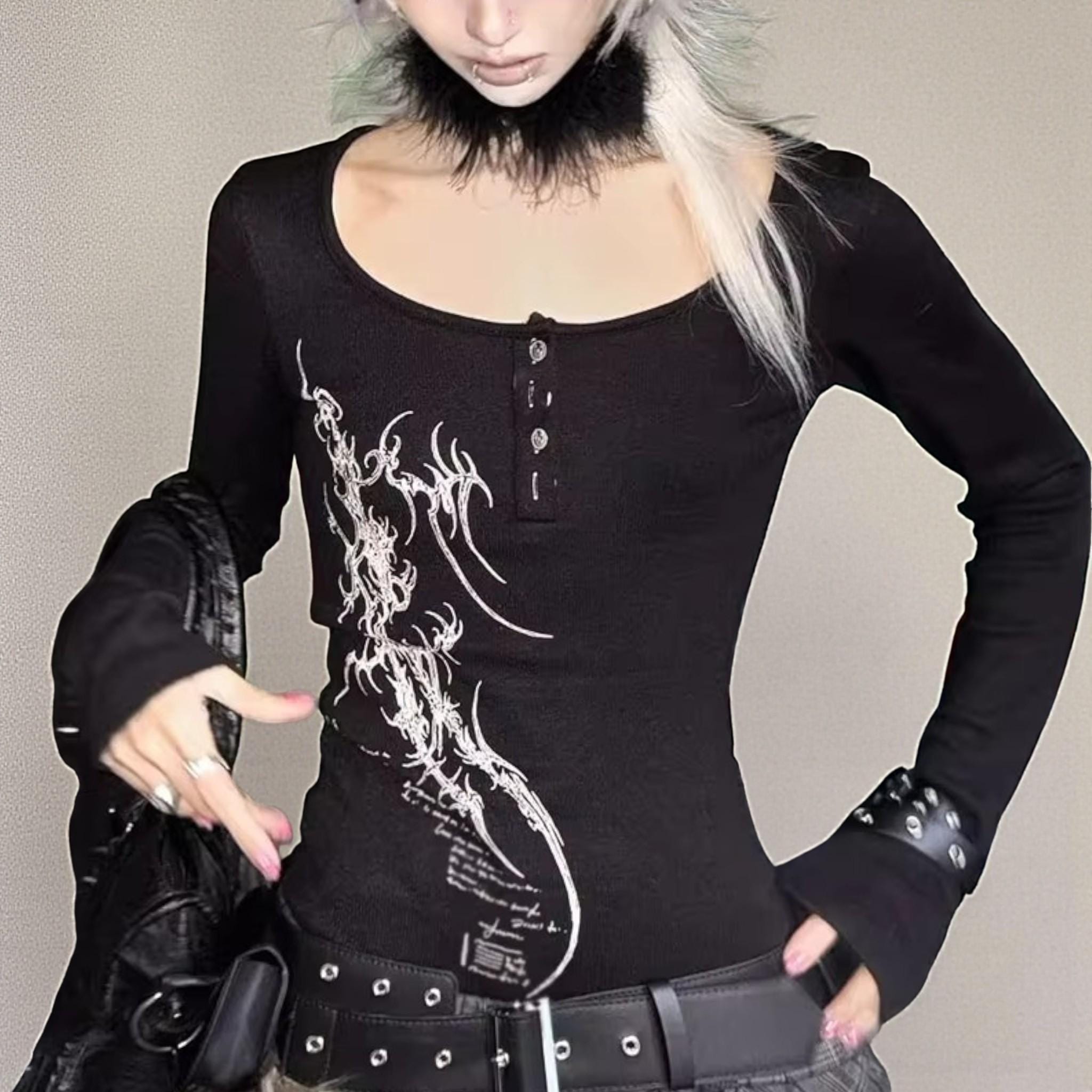 Gothic Long Sleeve | Y2k Graphic Shirt | Black Button up