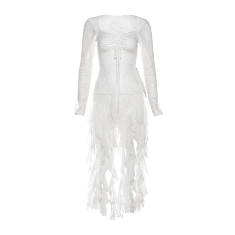 Women's Gothic Irregular Dress | Flare Sleeve Alternative Fashion | Neckline Asymmetrical Hem Dress | Gift For Her
.
Women’s gothic lace dress with sweetheart neckline, flare sleeves, and high-low hemline, styled with knee-high boots for a dramatic alternative fashion look.