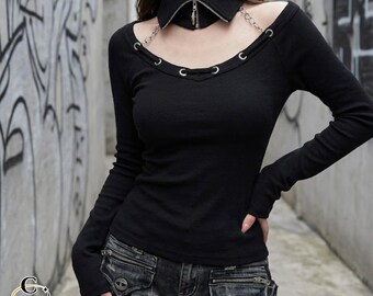 Top con cordones / Manga larga con hombros descubiertos / Conjunto gótico / Estilo femenino oscuro