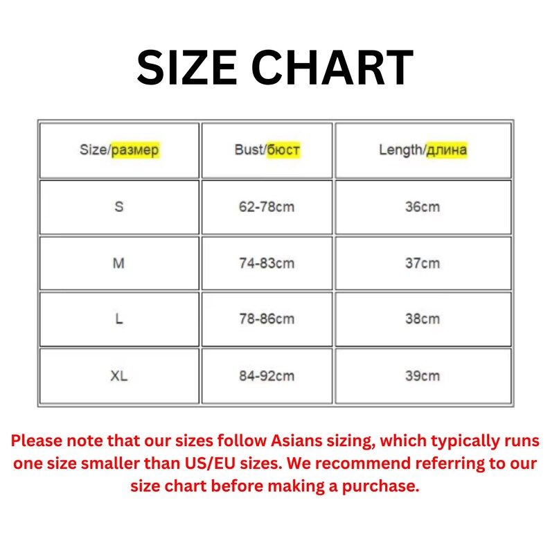 Puede incluir: Una tabla de tallas en blanco y negro con el t&iacute;tulo SIZE CHART. La tabla enumera las tallas S, M, L y XL con medidas de busto de 62-92cm y largos de 36-39cm. El texto inferior advierte que las tallas son m&aacute;s peque&ntilde;as que las de EE. UU./UE.