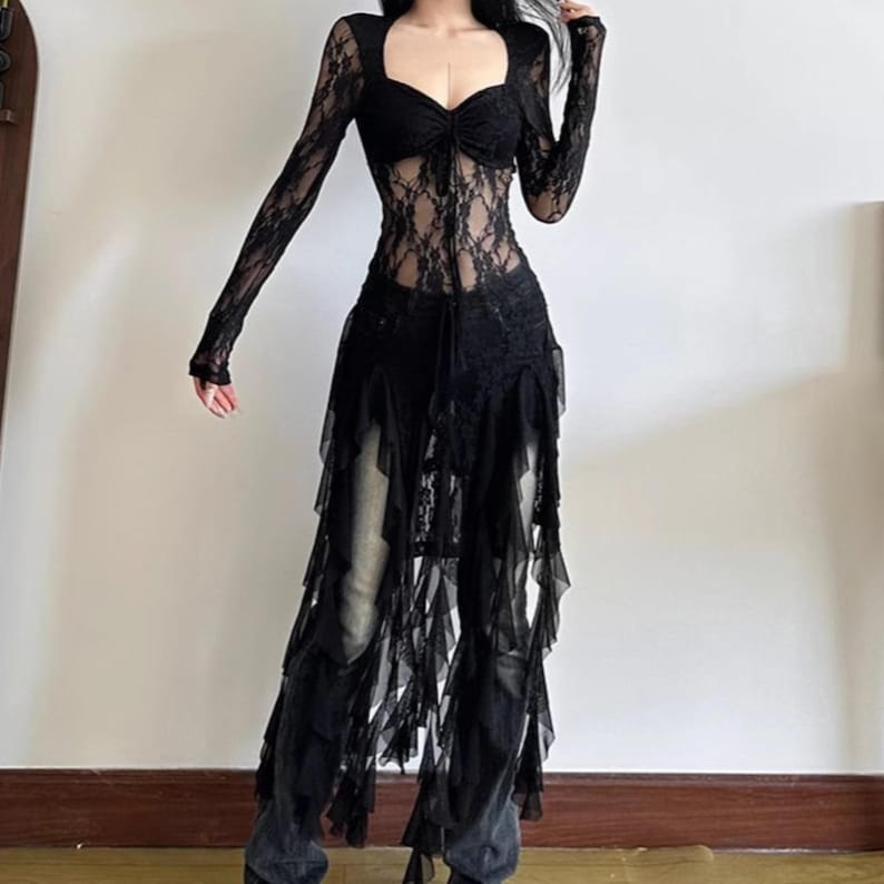Women's Gothic Irregular Dress | Flare Sleeve Alternative Fashion | Neckline Asymmetrical Hem Dress | Gift For Her
.
Women’s gothic lace dress with sweetheart neckline, flare sleeves, and high-low hemline, styled with knee-high boots for a dramatic alternative fashion look.