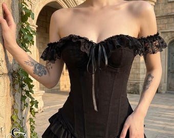 Top gótico sin tirantes / Camisa tipo corsé de encaje ajustado / Ropa de fiesta / Estilo streetwear oscuro