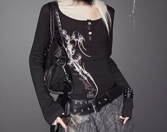Gothic Long Sleeve | Y2k Graphic Shirt | Black Button up