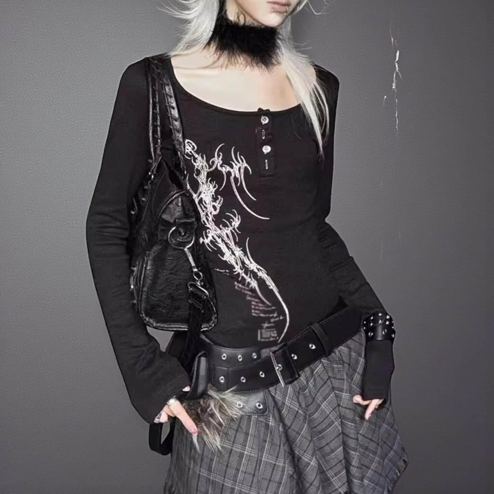 Gothic Long Sleeve | Y2k Graphic Shirt | Black Button up