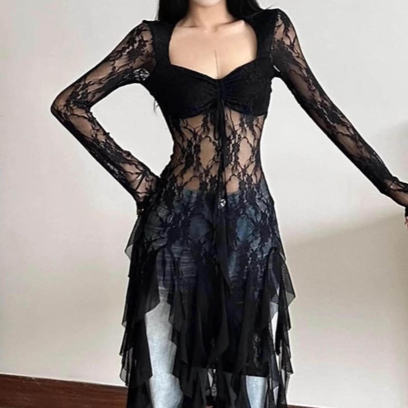 Women's Gothic Irregular Dress | Flare Sleeve Alternative Fashion | Neckline Asymmetrical Hem Dress | Gift For Her
.
Women’s gothic lace dress with sweetheart neckline, flare sleeves, and high-low hemline, styled with knee-high boots for a dramatic alternative fashion look.