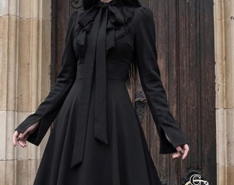 Maxi Gothic Dress | Dark Fitted Waist | Slim Long Sleeve | Chic Partywear