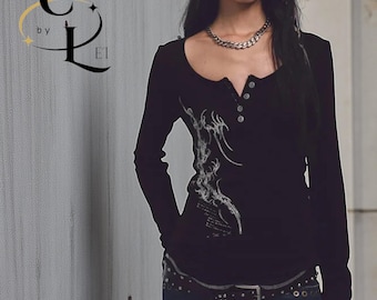 Gothic Long Sleeve | Black Y2k Graphic Shirt | Daily Wear | Alternative Grunge Fashion