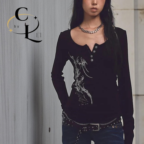 Gothic Long Sleeve | Y2k Graphic Shirt | Black Button up