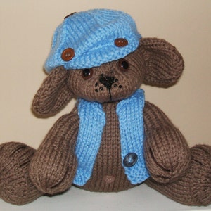 Puede incluir: Un oso de peluche de punto marrón que lleva un gorro y un chaleco de punto azul. El oso tiene ojos de botón marrones y una nariz negra.